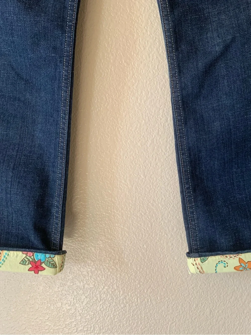 Bootcut Jeans 8P Classic Rise Dark Blue Denim Yellow Floral Cuff y2k Western